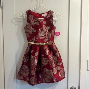 Girls red floral embroidered formal dress